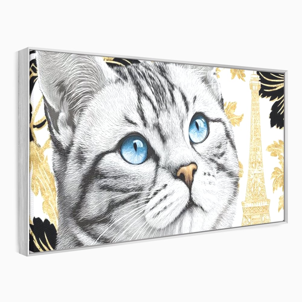 Tablou canvas cu tablou canvas cu pisica si turnul eiffel, in rama de aluminiu argintiu